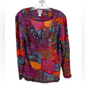 Chico's Colorful Paisley Women's Blouse beaded M/8 v-neck boho casual sequin